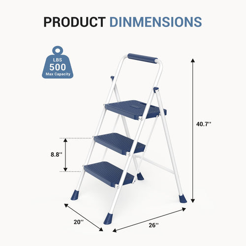 3 Step Ladder with Anti-Slip Pedal and Handrail, 500lbs Blue N31470