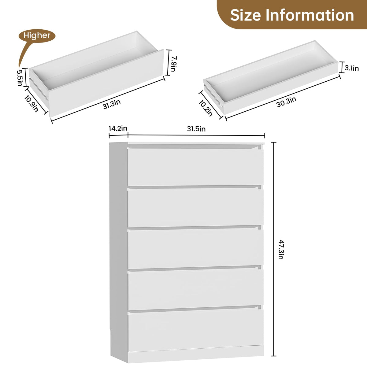 White 5 Drawer Dresser C9935