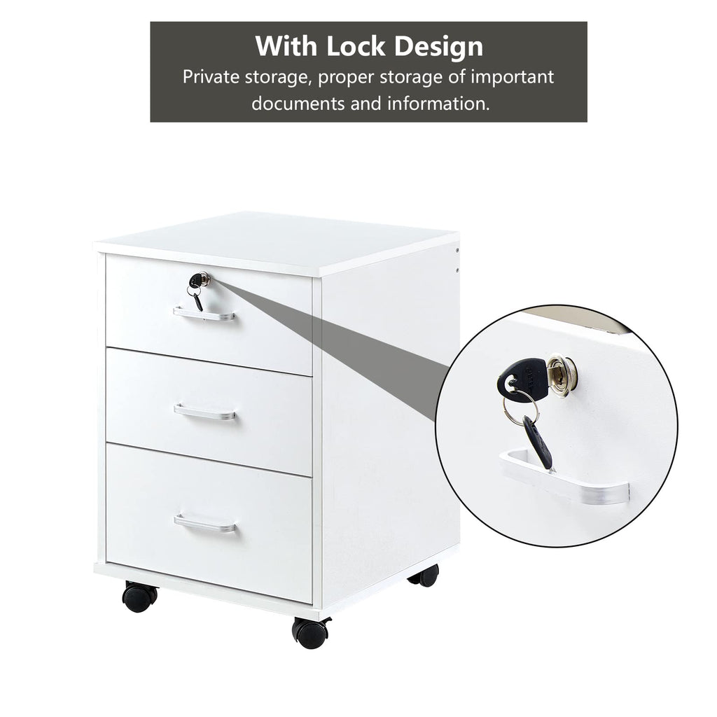 White 3 Drawer Rolling Wood File Cabinet E371