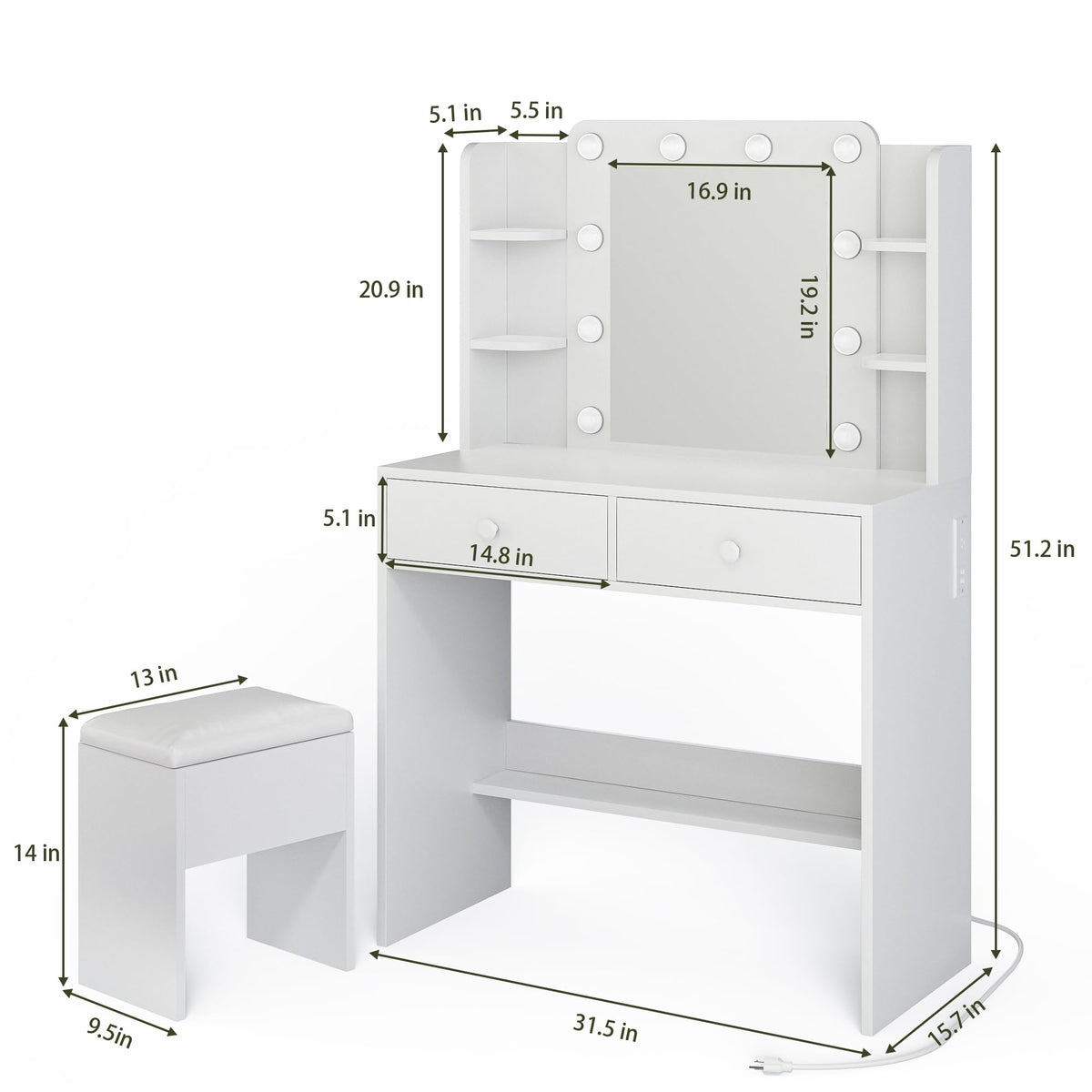 White Vanity Desk with Lighted Mirror and Chair T192