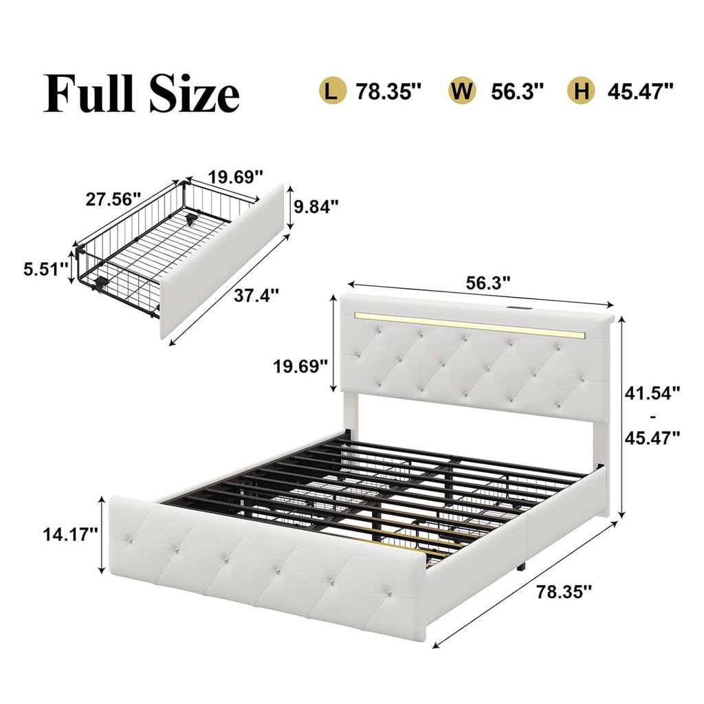 White PU Upholstered Full Size Bed Frame with 4 Storage Drawers I644