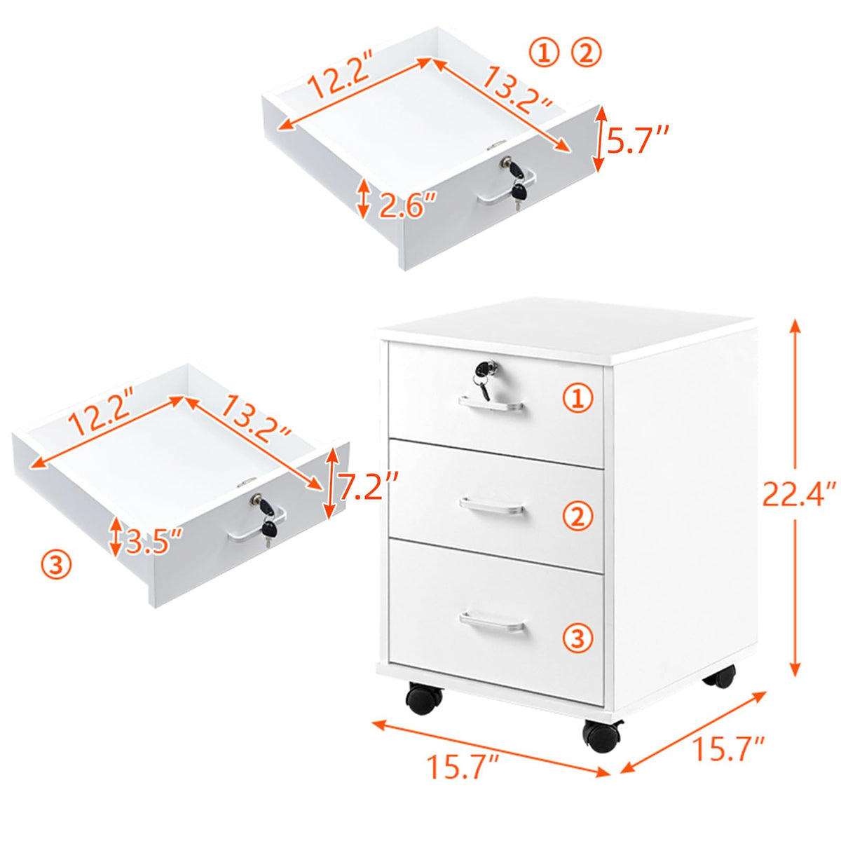 White 3 Drawer Rolling Wood File Cabinet E371