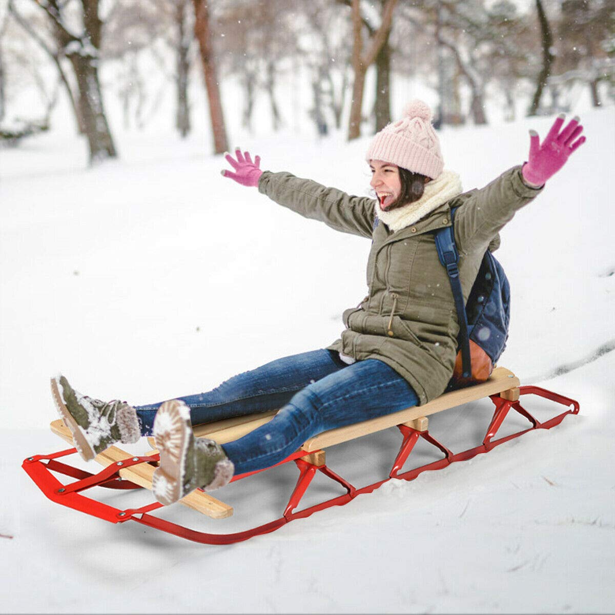 Wood Sled with Metal Runners and Steering Bar V702577