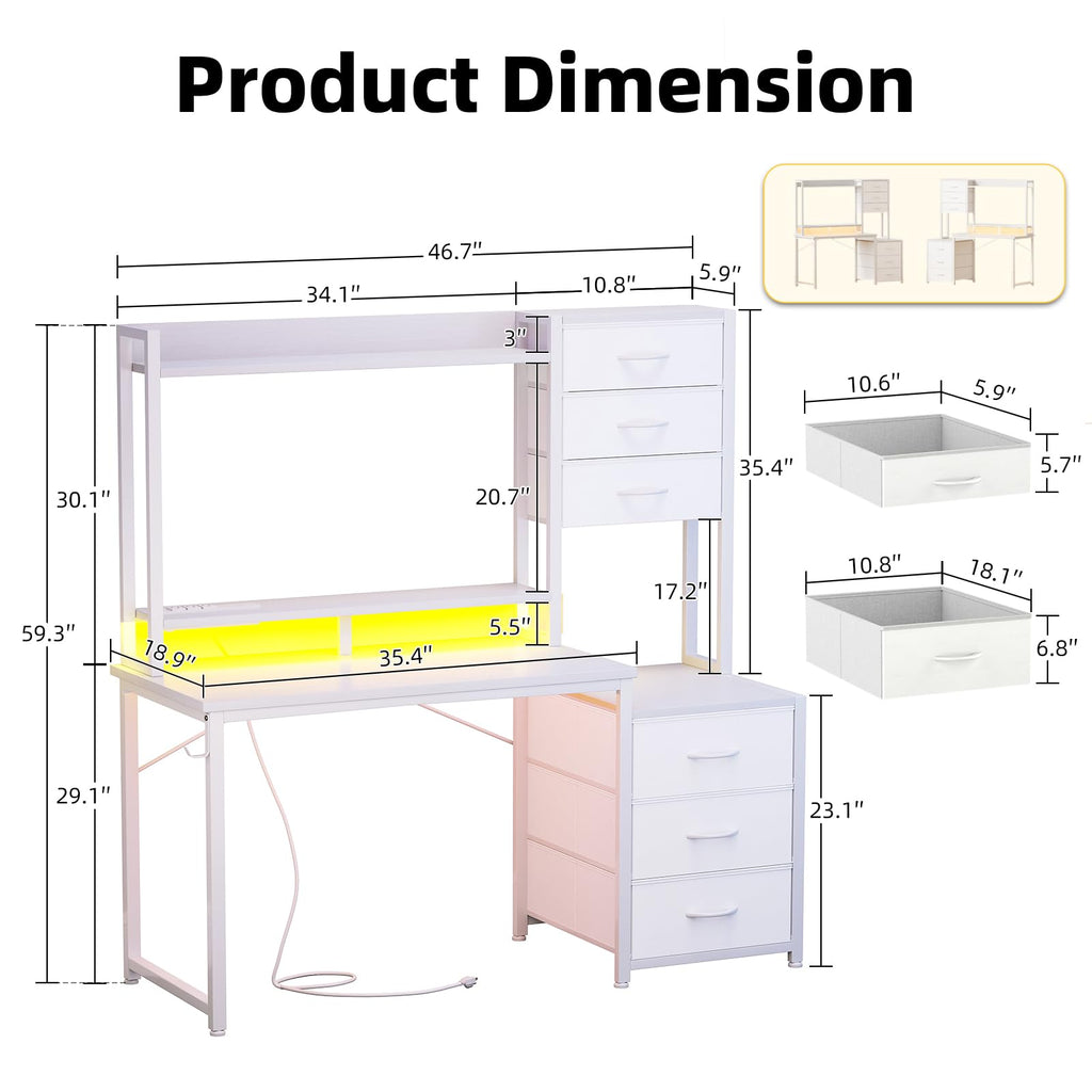 47 Inch White Computer Gaming Desk with Hutch and 6 Fabric Drawers O654521