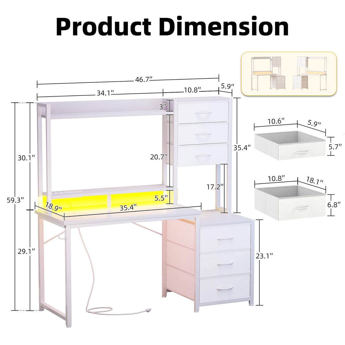 47 Inch White Computer Gaming Desk with Hutch and 6 Fabric Drawers O654521