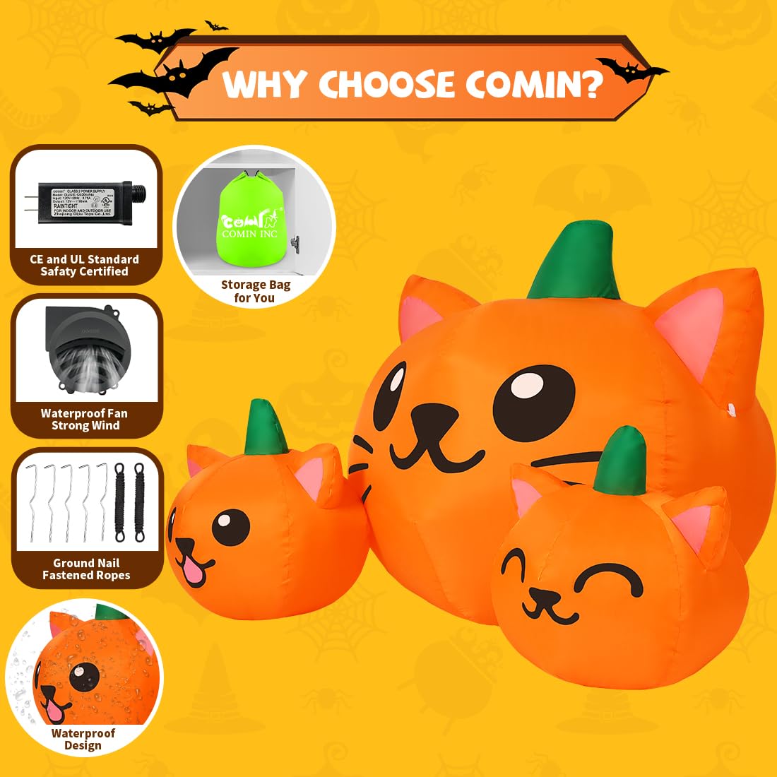 5FT Inflatable Three Pumpkin Cat Head with Built-in LEDs K982703