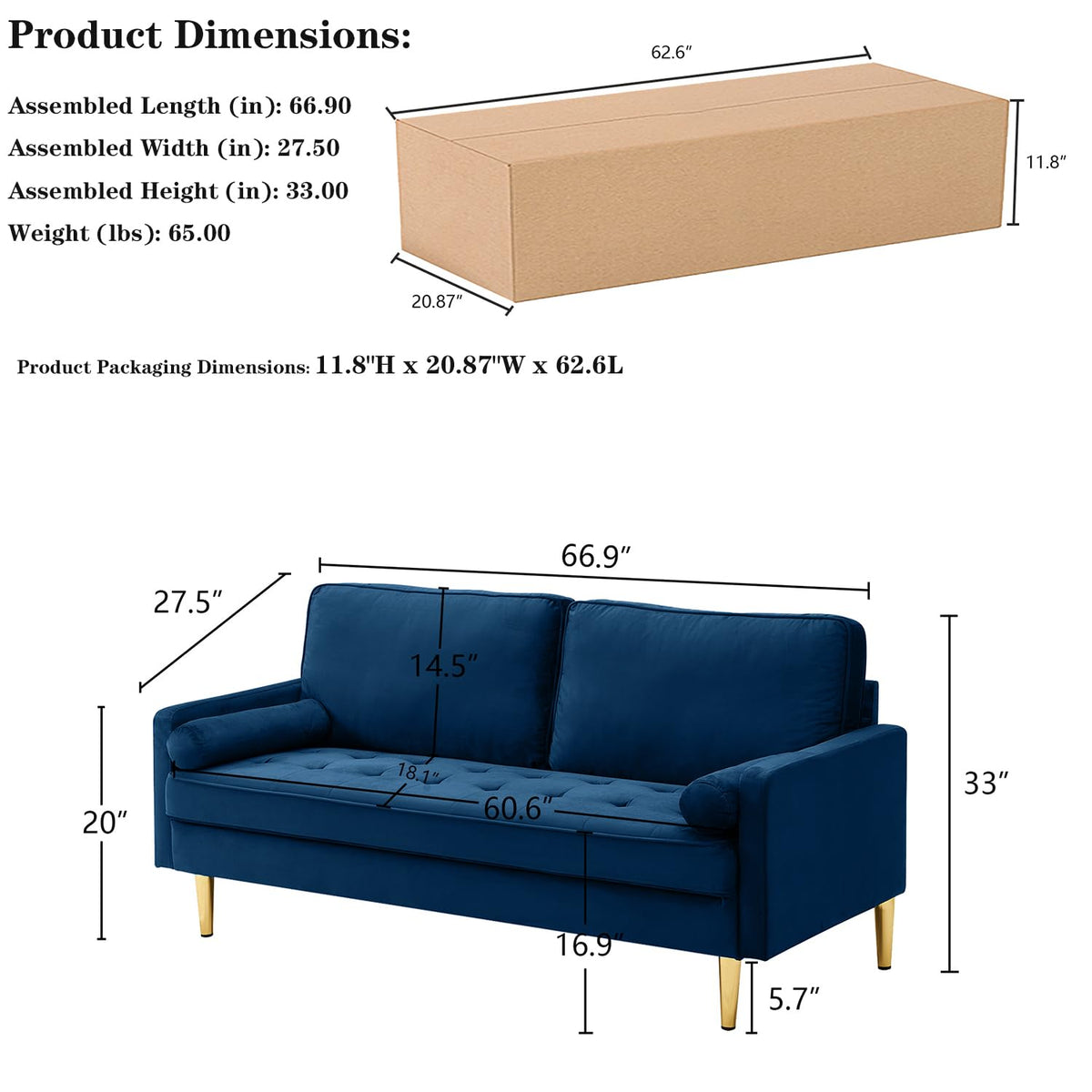 Navy Velvet 2-Seater Loveseat Sofa with Metal Legs J61774