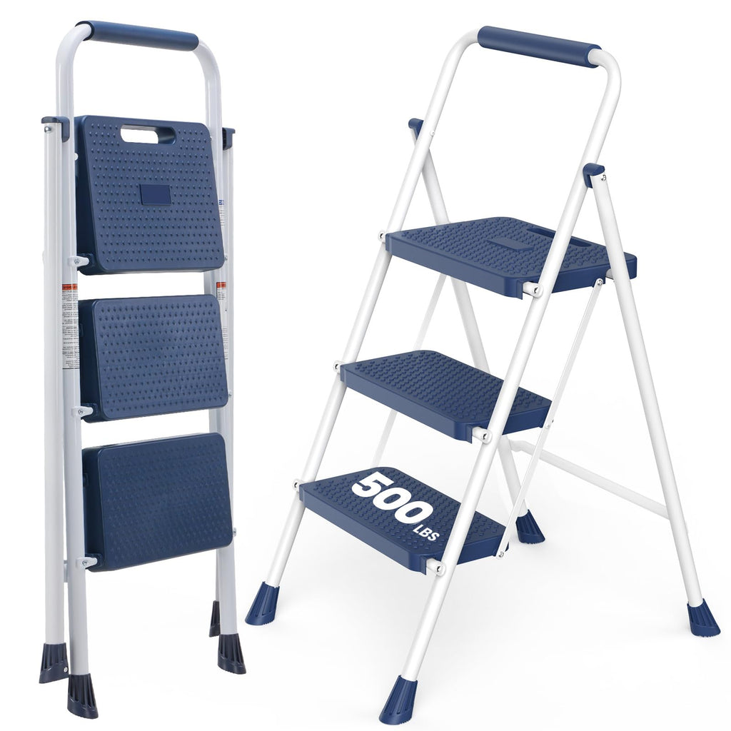 3 Step Ladder with Anti-Slip Pedal and Handrail, 500lbs Blue N31470
