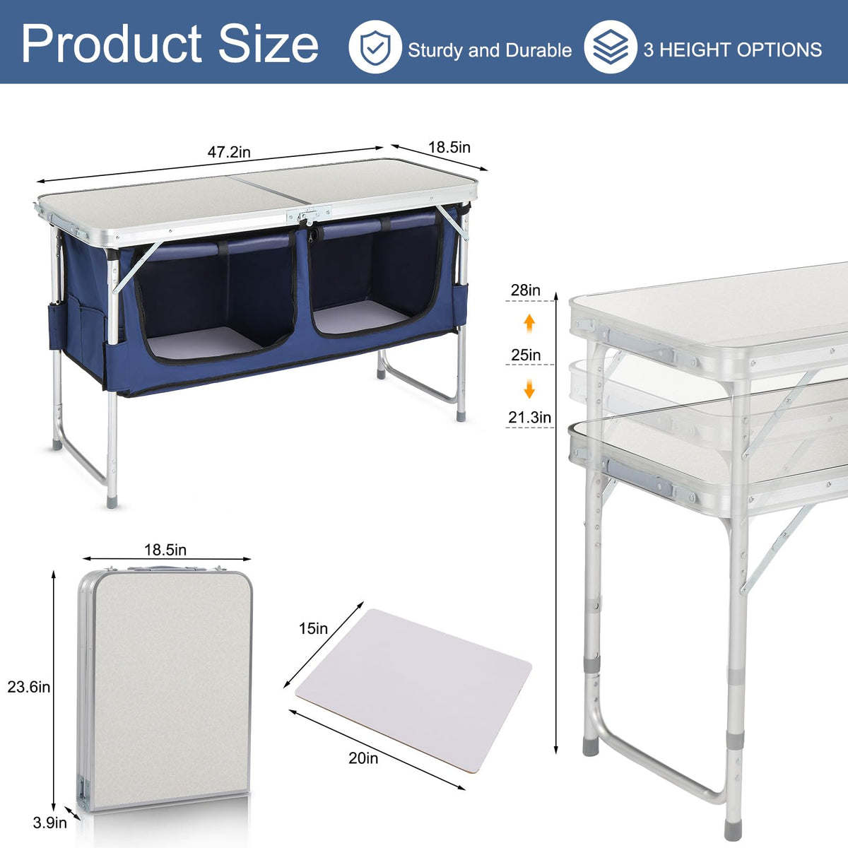 Folding Camping Table with Storage, 3 Height Adjustable, Lightweight, 4 Ft Aluminum J197