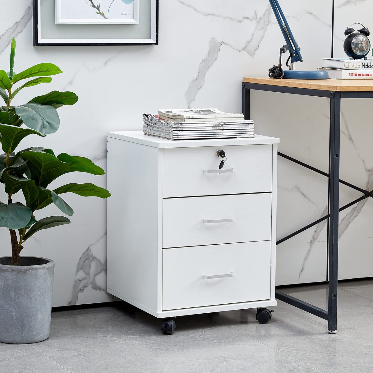White 3 Drawer Rolling Wood File Cabinet E371