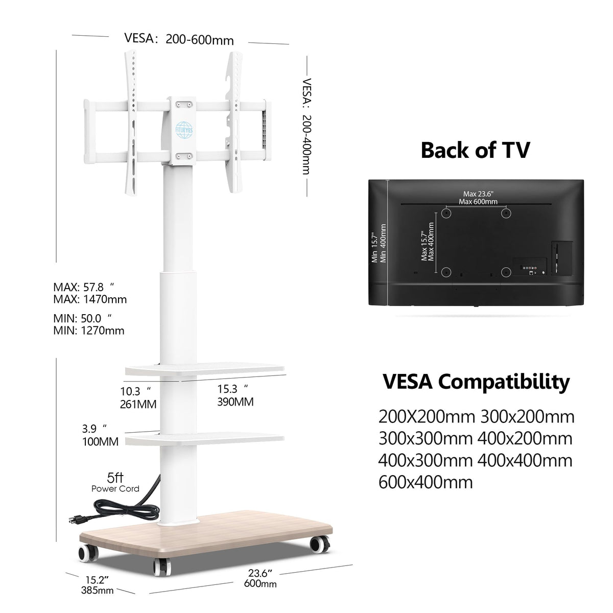 White Rolling TV Stand with Power Outlets Y998