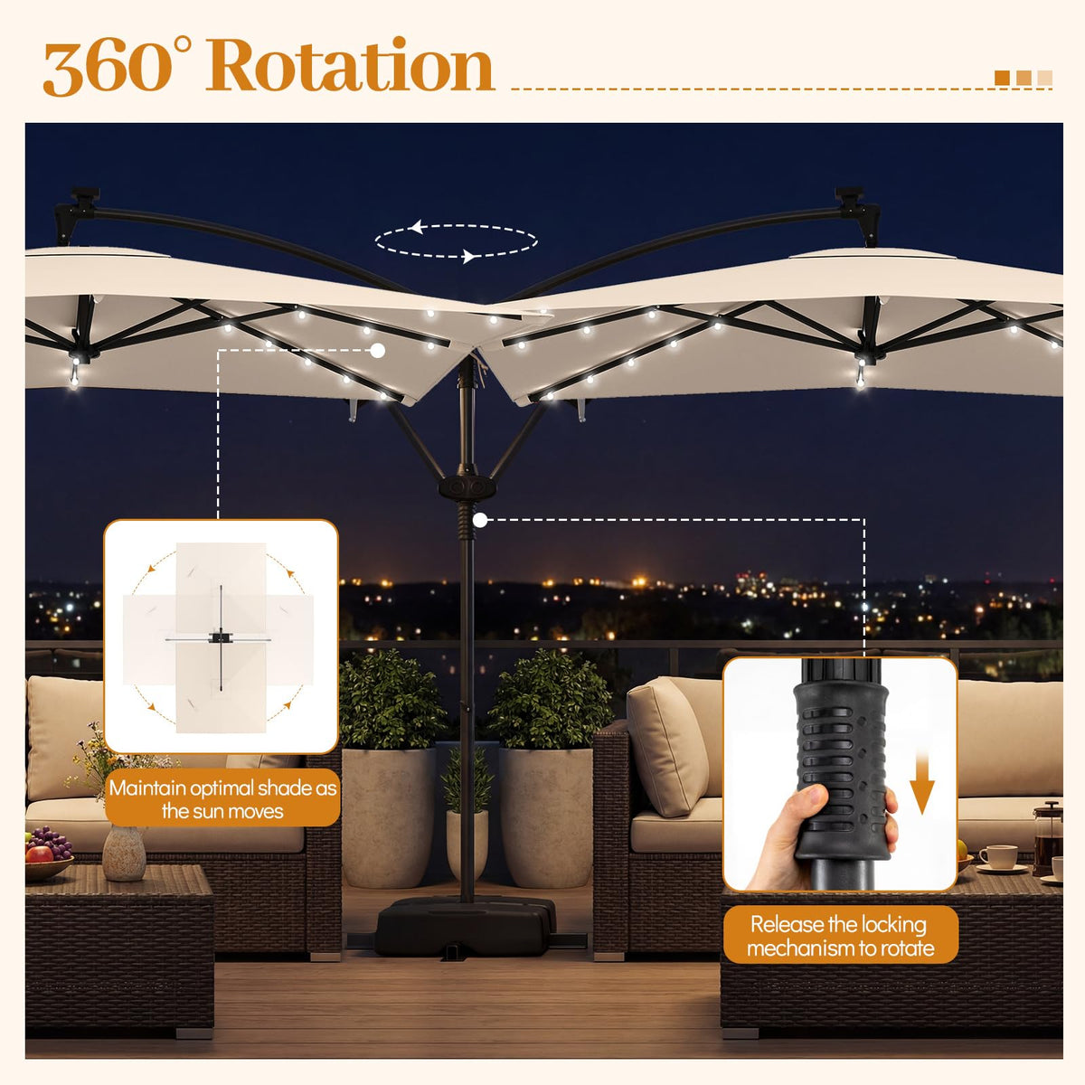 8x8 FT Solar Square Offset Cantilever Umbrella with Base S4575
