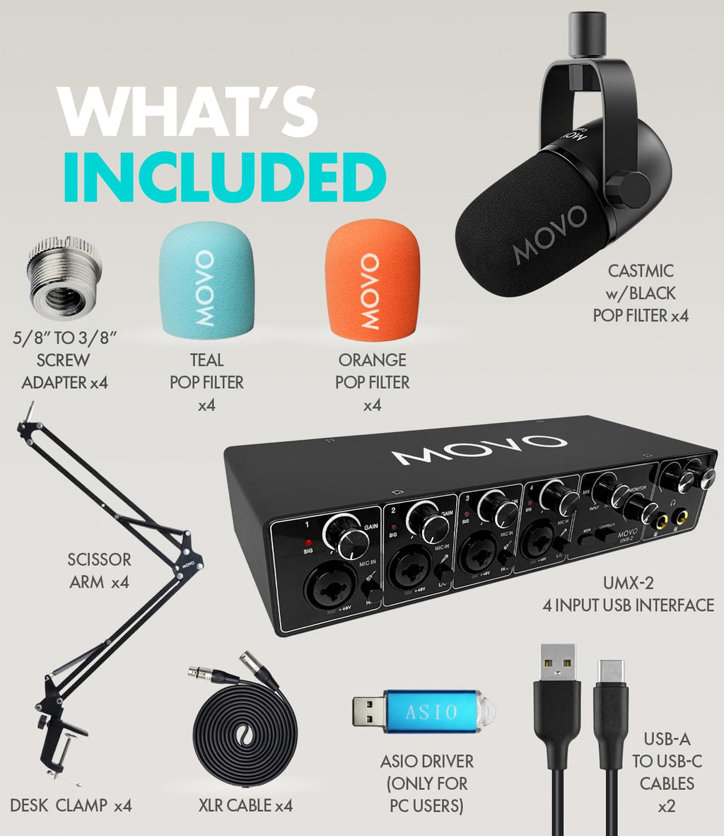 4-Person Podcast Equipment Bundle with 4-Channel USB Audio Interface and 4 Dynamic Microphones F294