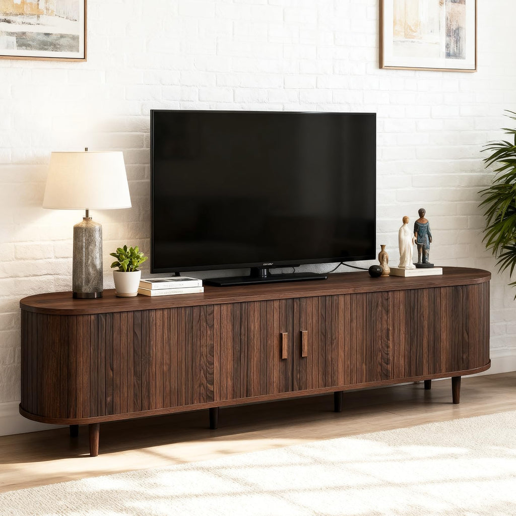 70" Walnut TV Stand with Sliding Doors and Adjustable Shelves D968