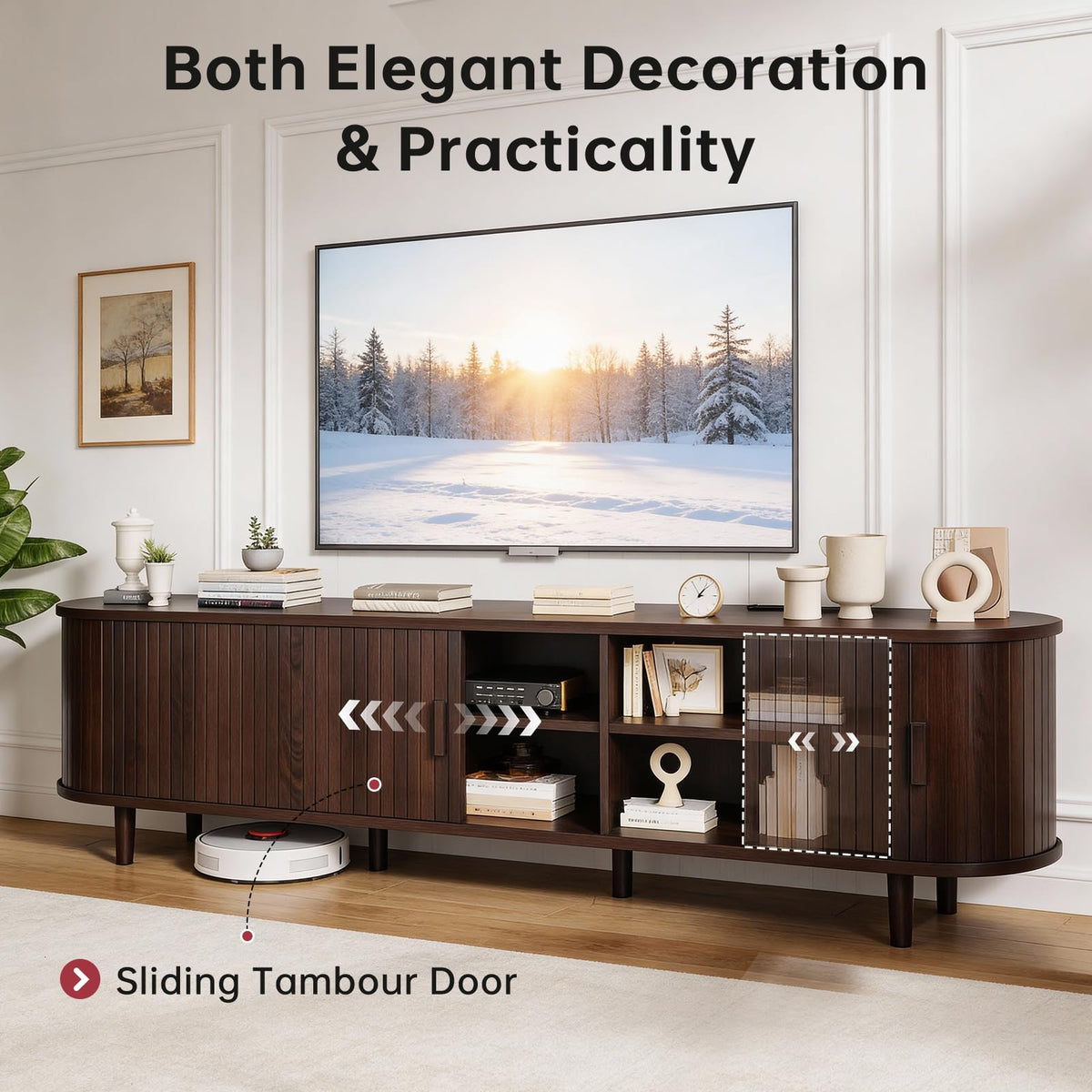 70" Walnut TV Stand with Sliding Doors and Adjustable Shelves D968