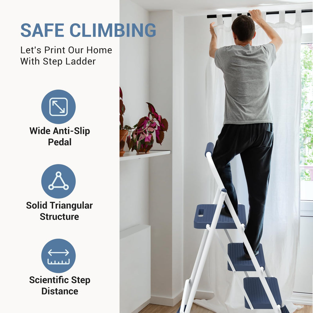 3 Step Ladder with Anti-Slip Pedal and Handrail, 500lbs Blue N31470