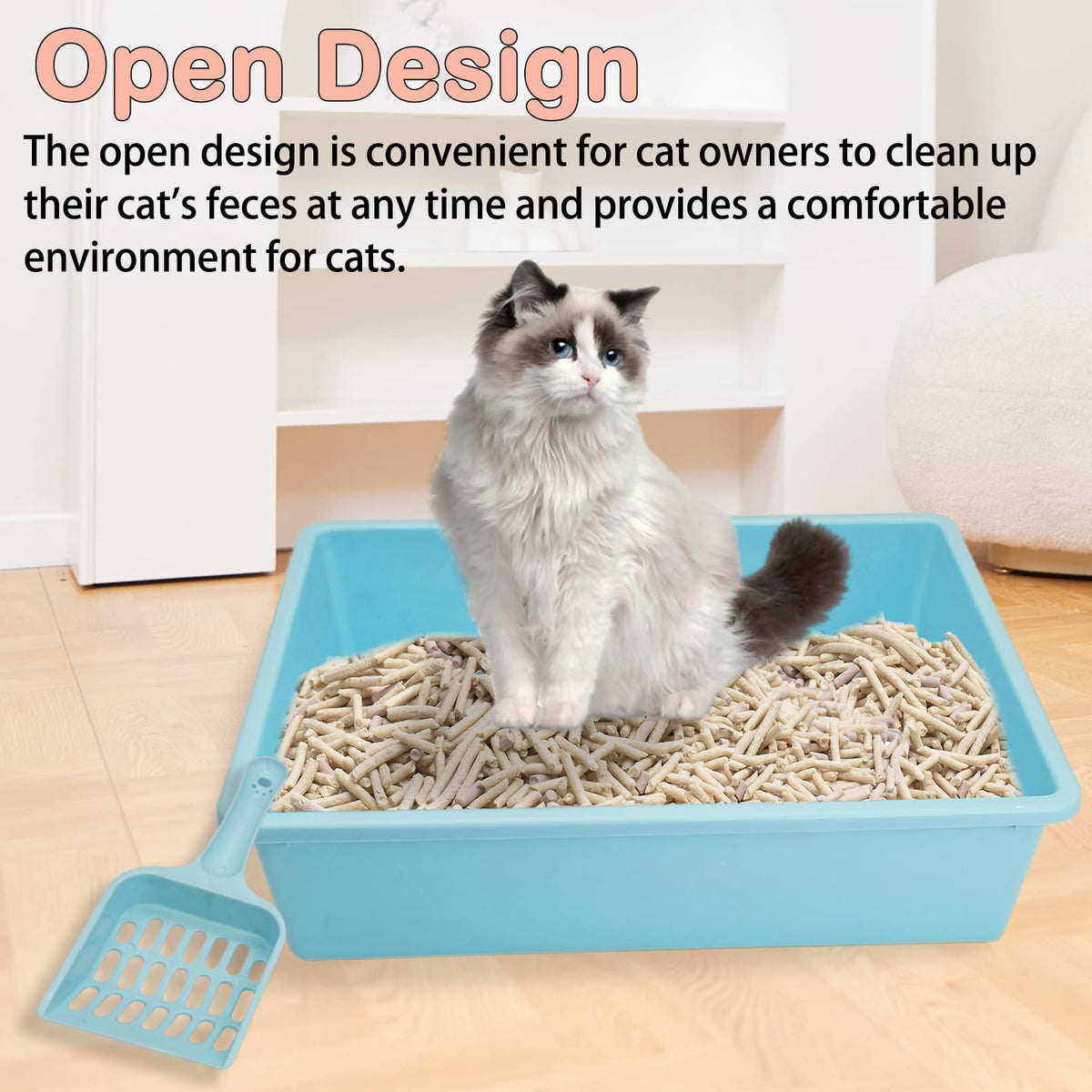 Medium Open Cat Litter Box with Scoop, Non-Stick Plastic, 15 x 11 x 4 Inches X294