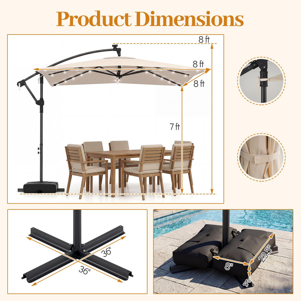 8x8 FT Solar Square Offset Cantilever Umbrella with Base S4575
