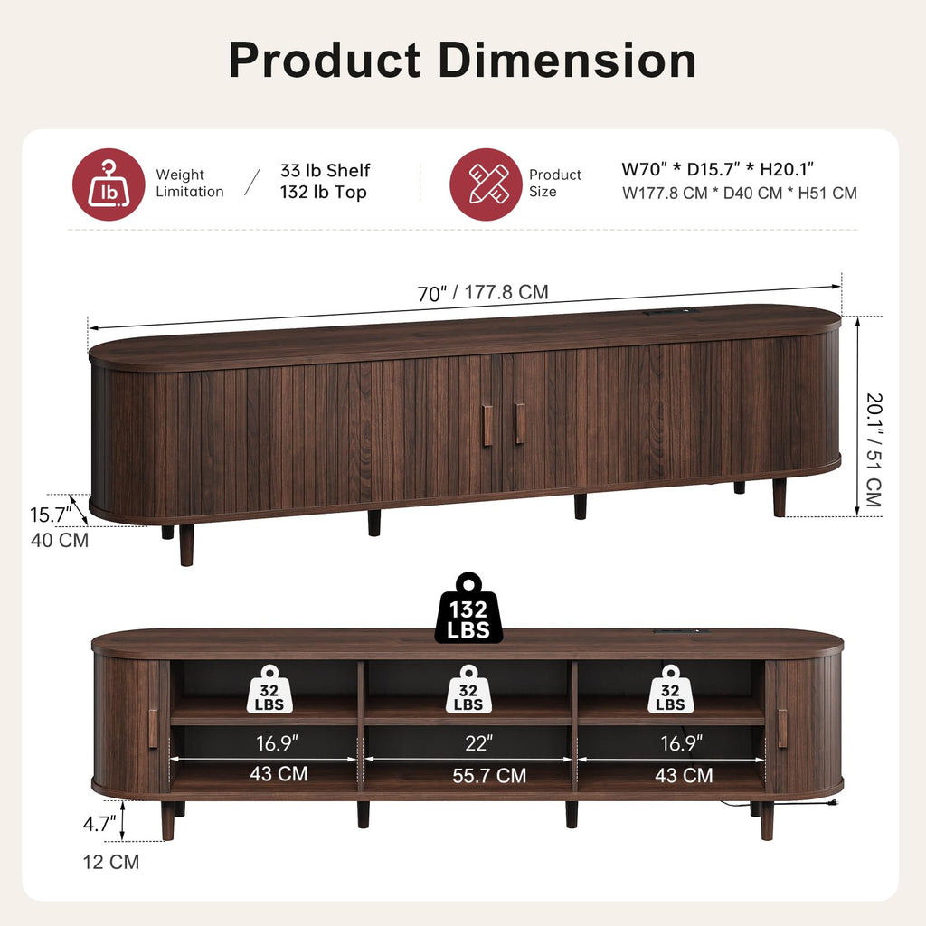 70" Walnut TV Stand with Sliding Doors and Adjustable Shelves D968