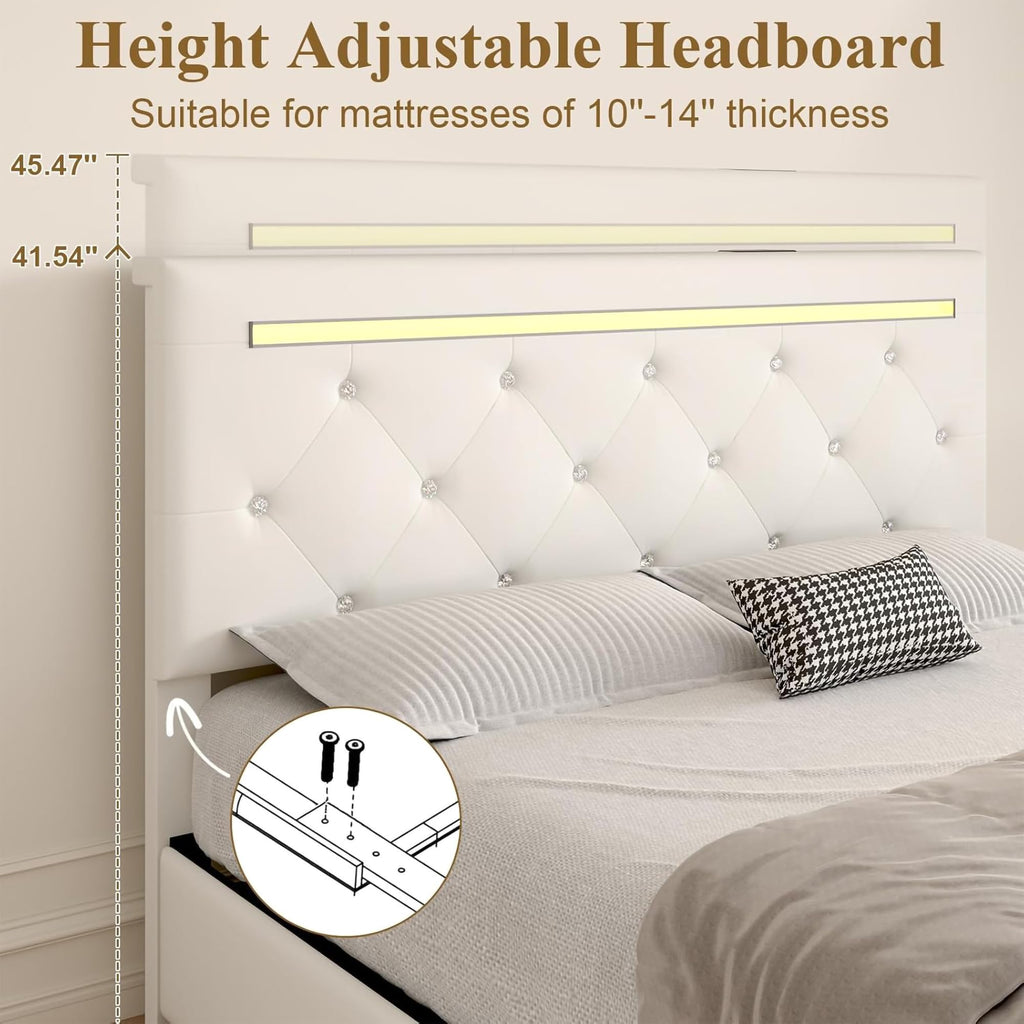 White PU Upholstered Full Size Bed Frame with 4 Storage Drawers I644