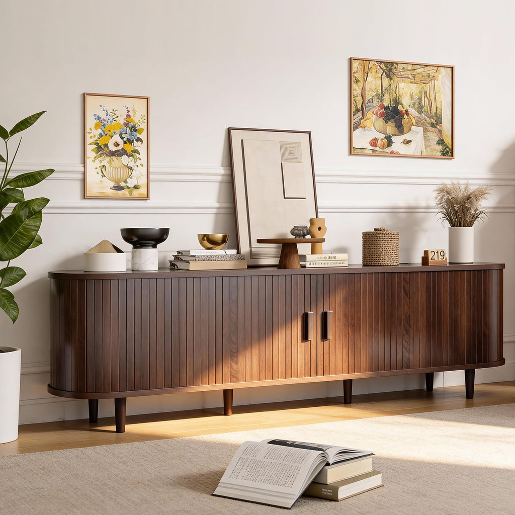70" Walnut TV Stand with Sliding Doors and Adjustable Shelves D968