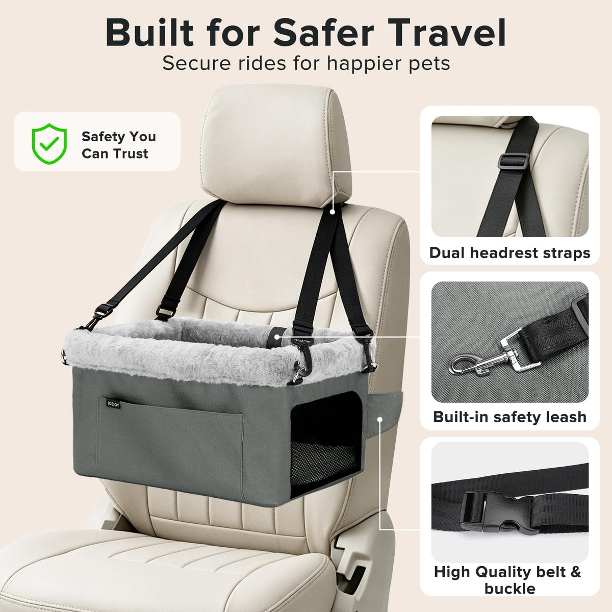 Dog Booster Seat with Metal Frame and Safety Leash, Grey R6434