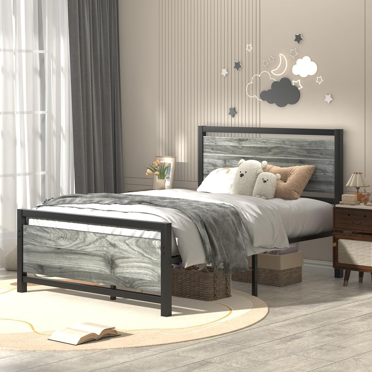 Twin Metal Bed Frame with Industrial Headboard T493