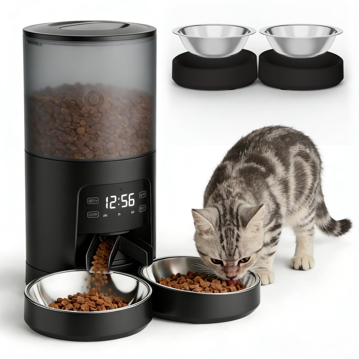 6L Automatic Cat Feeder with 2 Stainless Bowls Black Y458