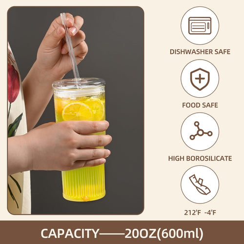 20 oz Glass Cups with Lids and Straws G39687