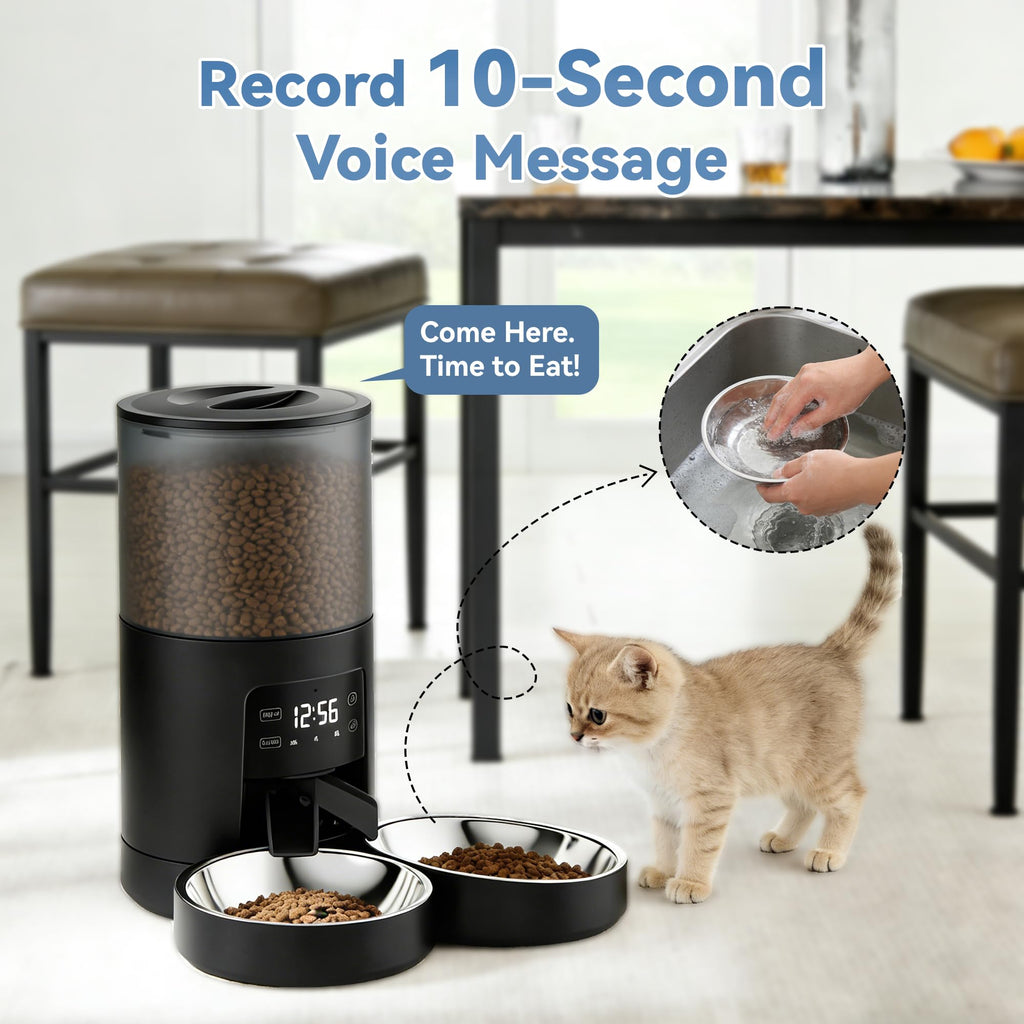 6L Automatic Cat Feeder with 2 Stainless Bowls Black Y458