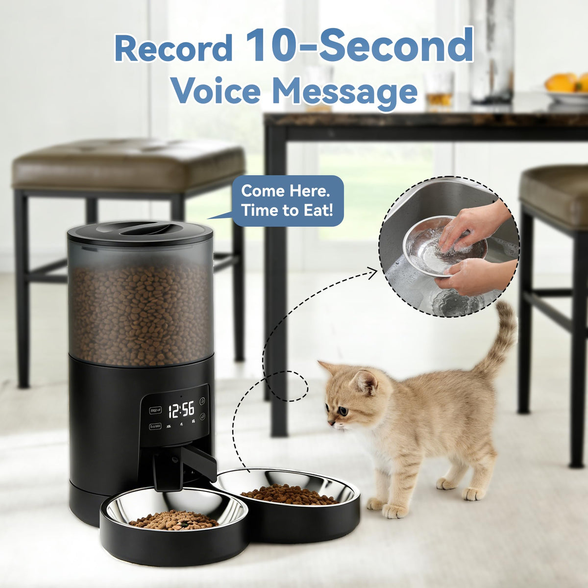 6L Automatic Cat Feeder with 2 Stainless Bowls Black Y458