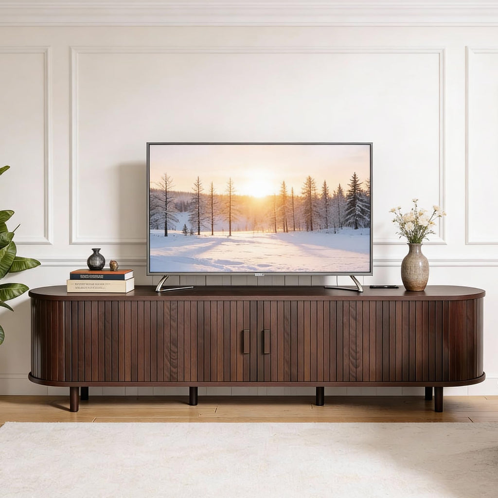 70" Walnut TV Stand with Sliding Doors and Adjustable Shelves D968