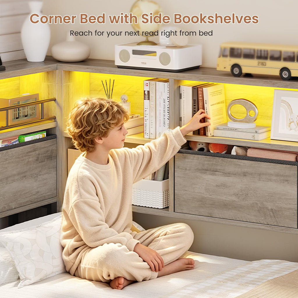 Twin Corner Bed Daybed with 6 Storage Drawers Grey D368