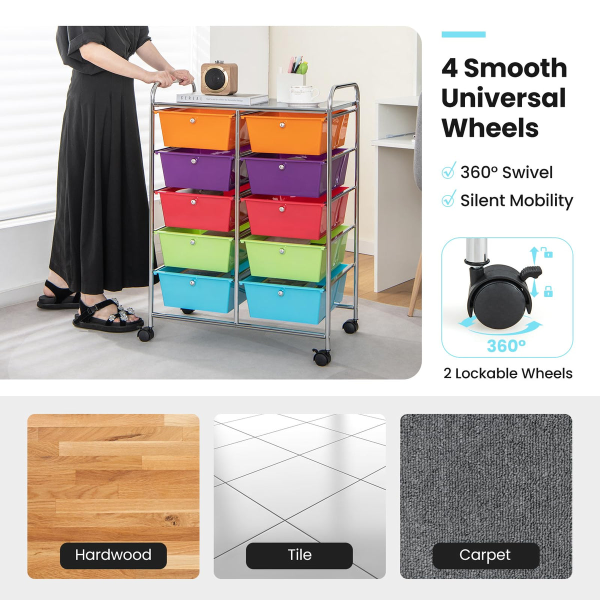 10 Drawer Rolling Storage Cart with Metal Frame S625167