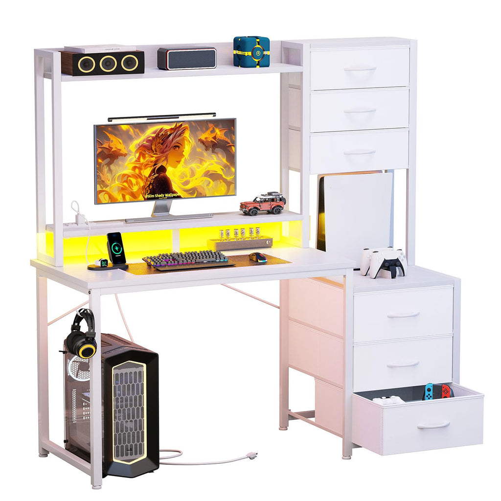 47 Inch White Computer Gaming Desk with Hutch and 6 Fabric Drawers O654521