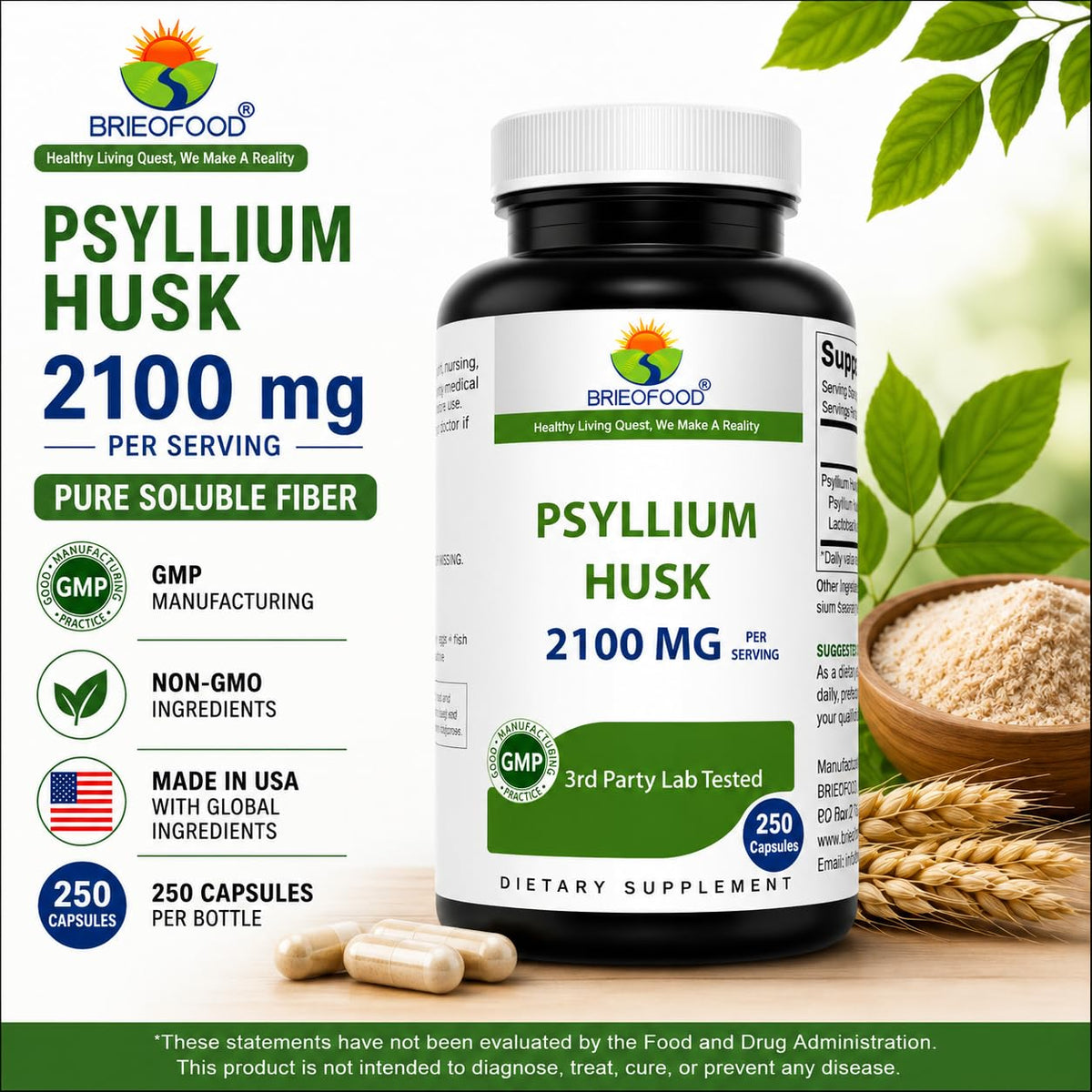 Psyllium Husk Fiber Supplement 250 Capsules B84162