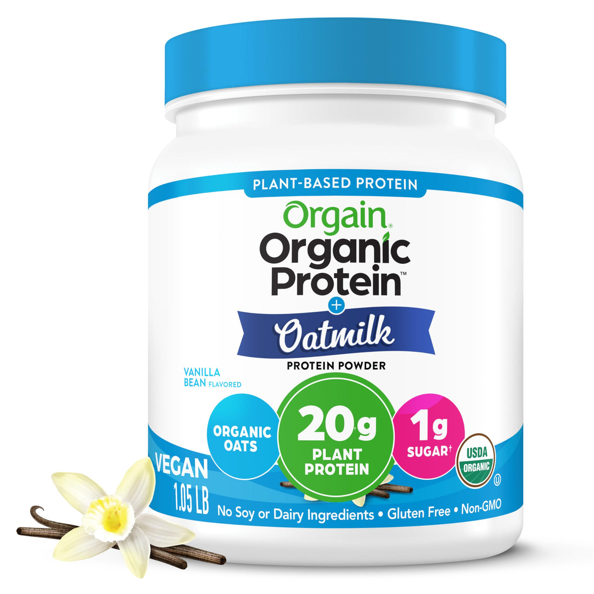 Organic Vegan Protein Powder + Oat Milk, Vanilla Bean, 20g Plant Based Protein, 1.05lb H949