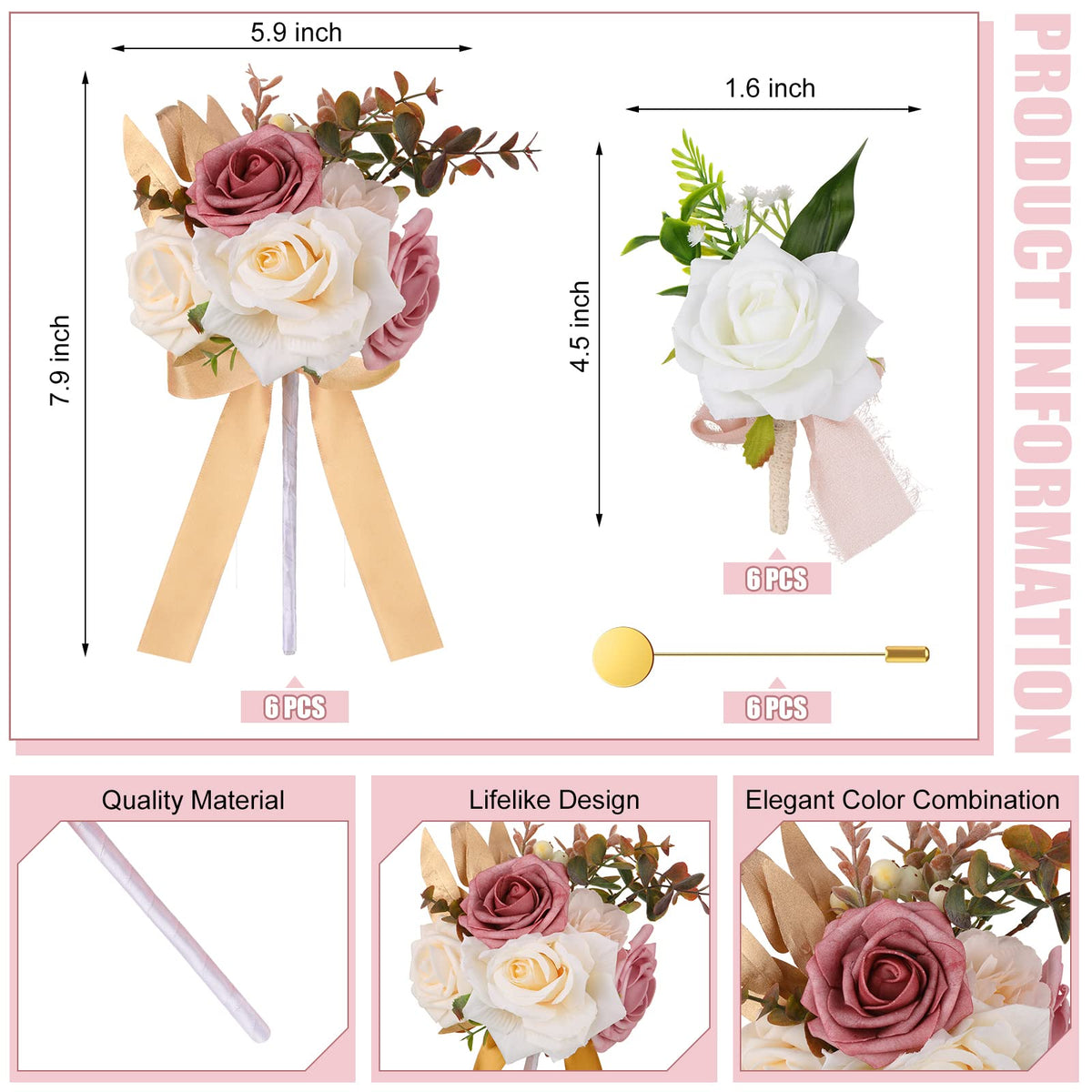 12 Pcs Artificial Bouquets and Boutonniere Set Rose White S155151