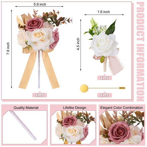 12 Pcs Artificial Bouquets and Boutonniere Set Rose White S155151