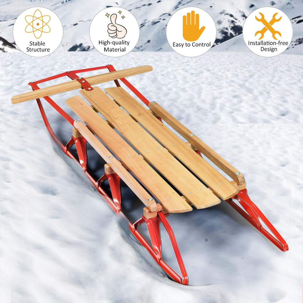 Wood Sled with Metal Runners and Steering Bar V702577