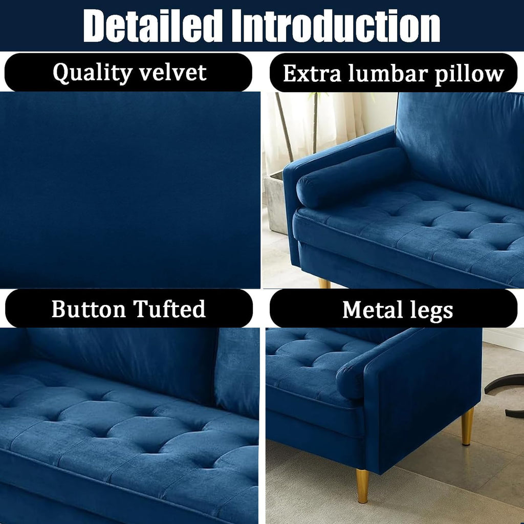 Navy Velvet 2-Seater Loveseat Sofa with Metal Legs J61774