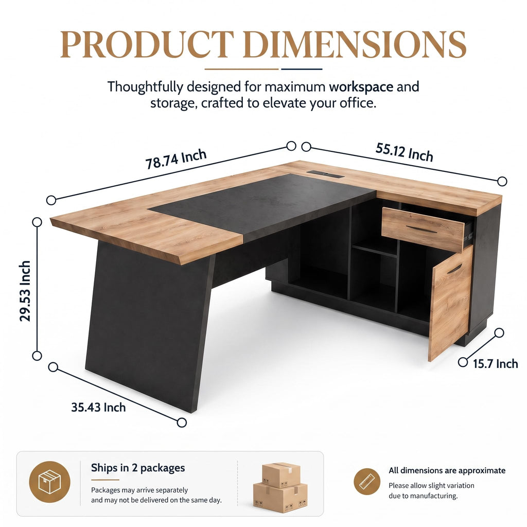 Black and Wood L Shape Executive Desk with Drawers and Shelves Z82890