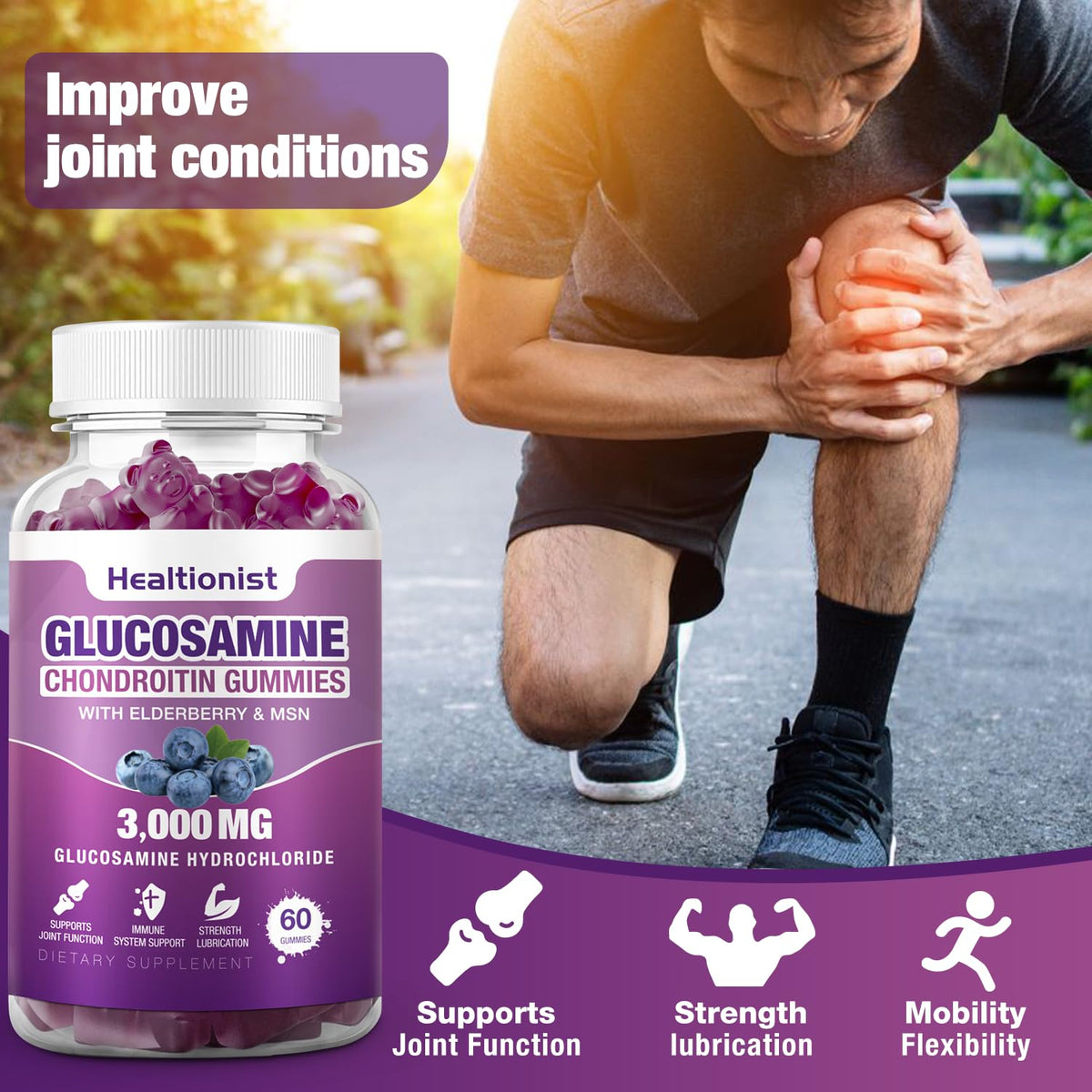 3000mg Glucosamine Chondroitin Gummies with MSM & Elderberry 120 Cts A8225