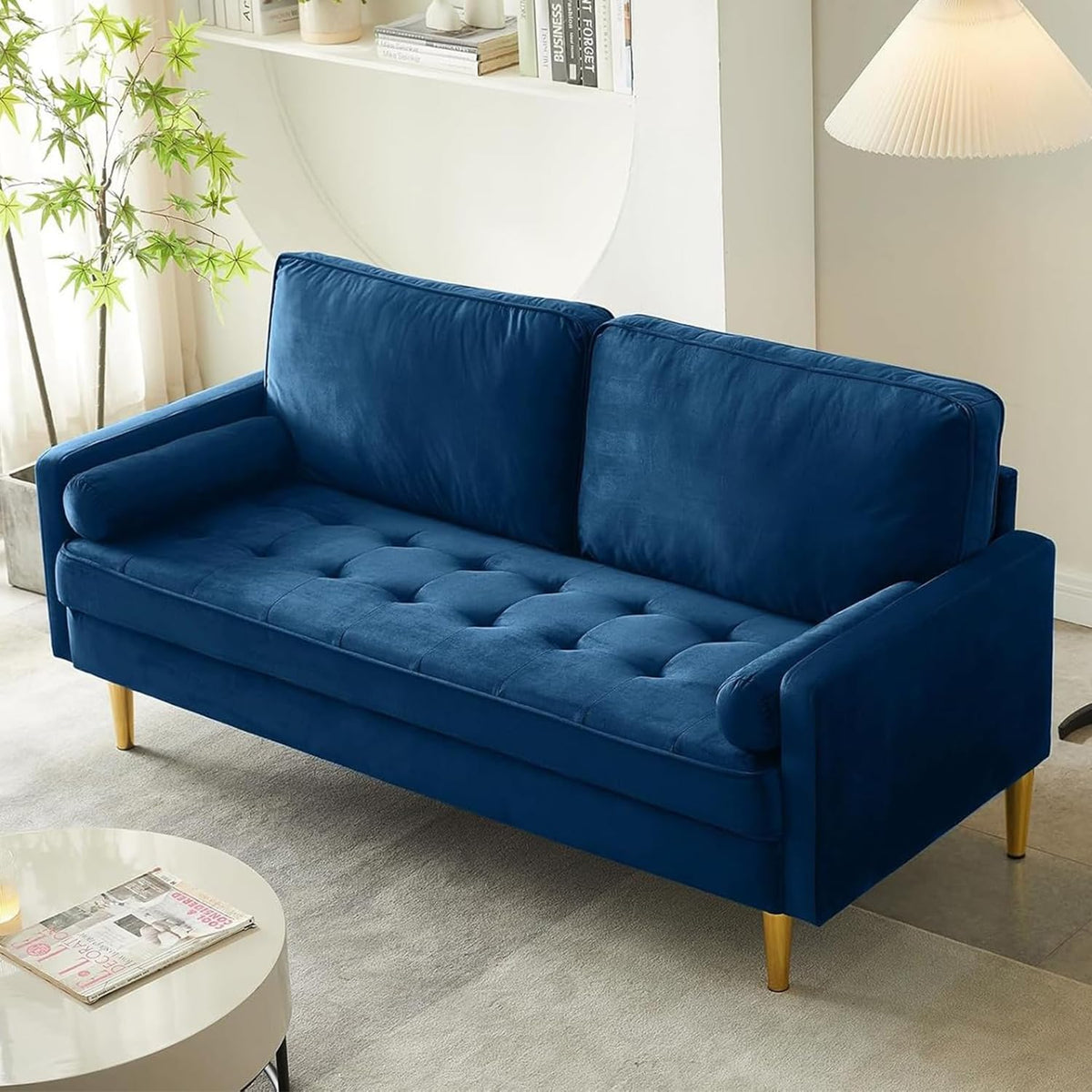 Navy Velvet 2-Seater Loveseat Sofa with Metal Legs J61774