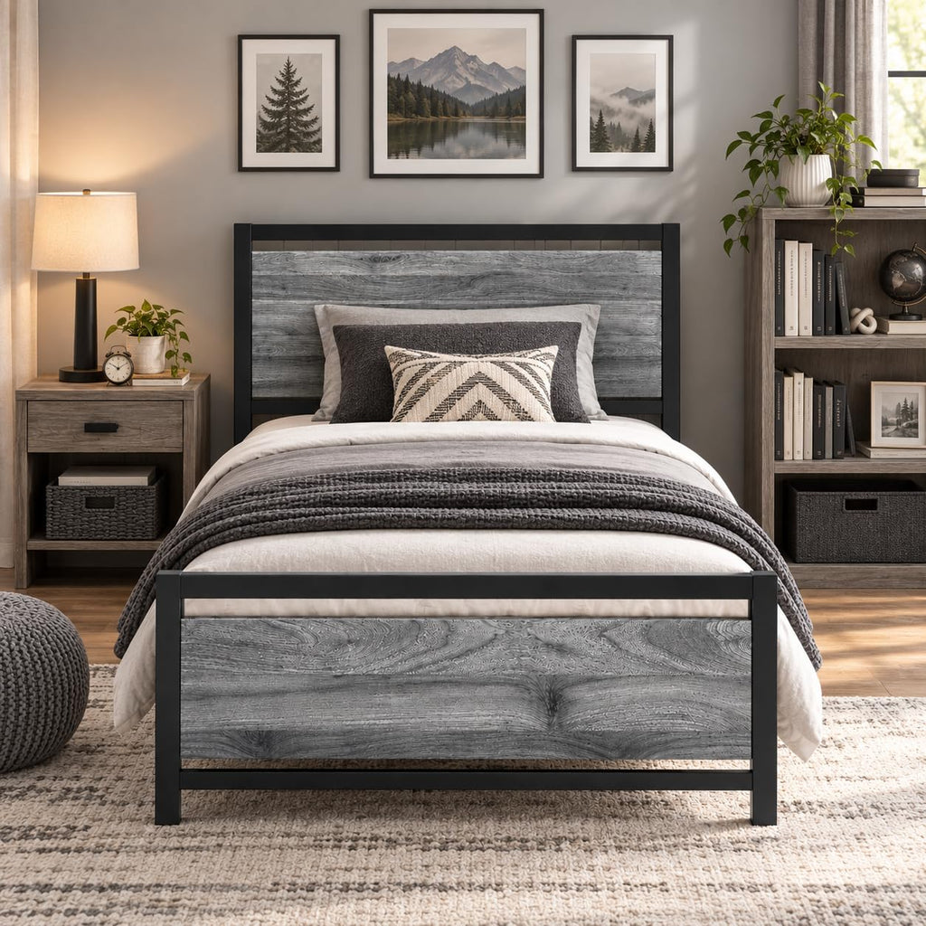 Twin Metal Bed Frame with Industrial Headboard T493