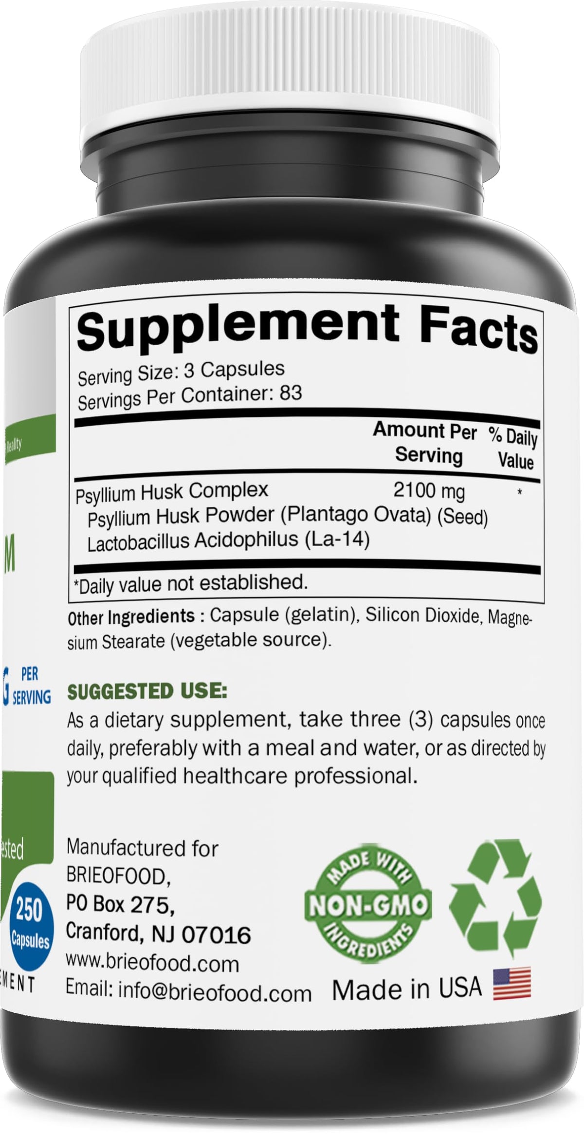 Psyllium Husk Fiber Supplement 250 Capsules B84162