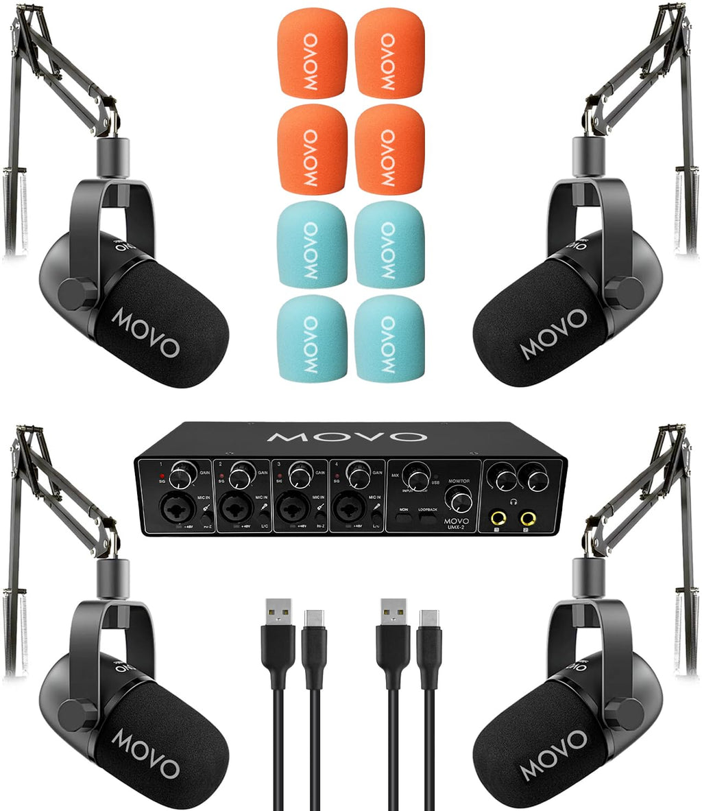 4-Person Podcast Equipment Bundle with 4-Channel USB Audio Interface and 4 Dynamic Microphones F294