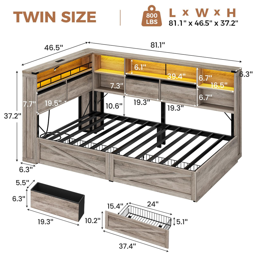 Twin Corner Bed Daybed with 6 Storage Drawers Grey D368