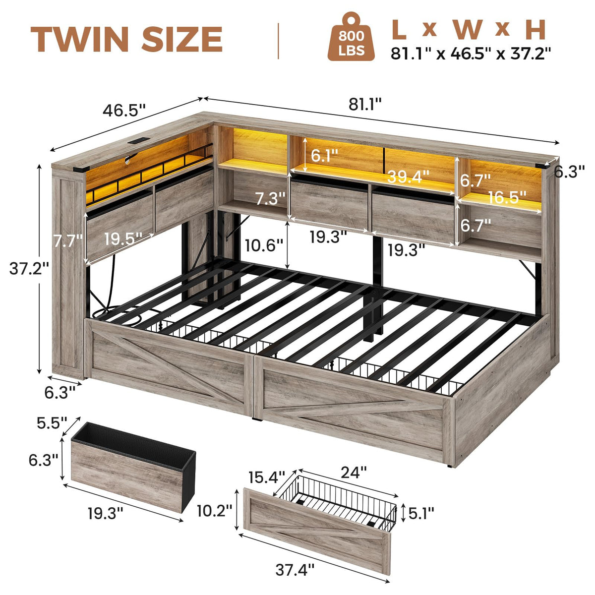 Twin Corner Bed Daybed with 6 Storage Drawers Grey D368