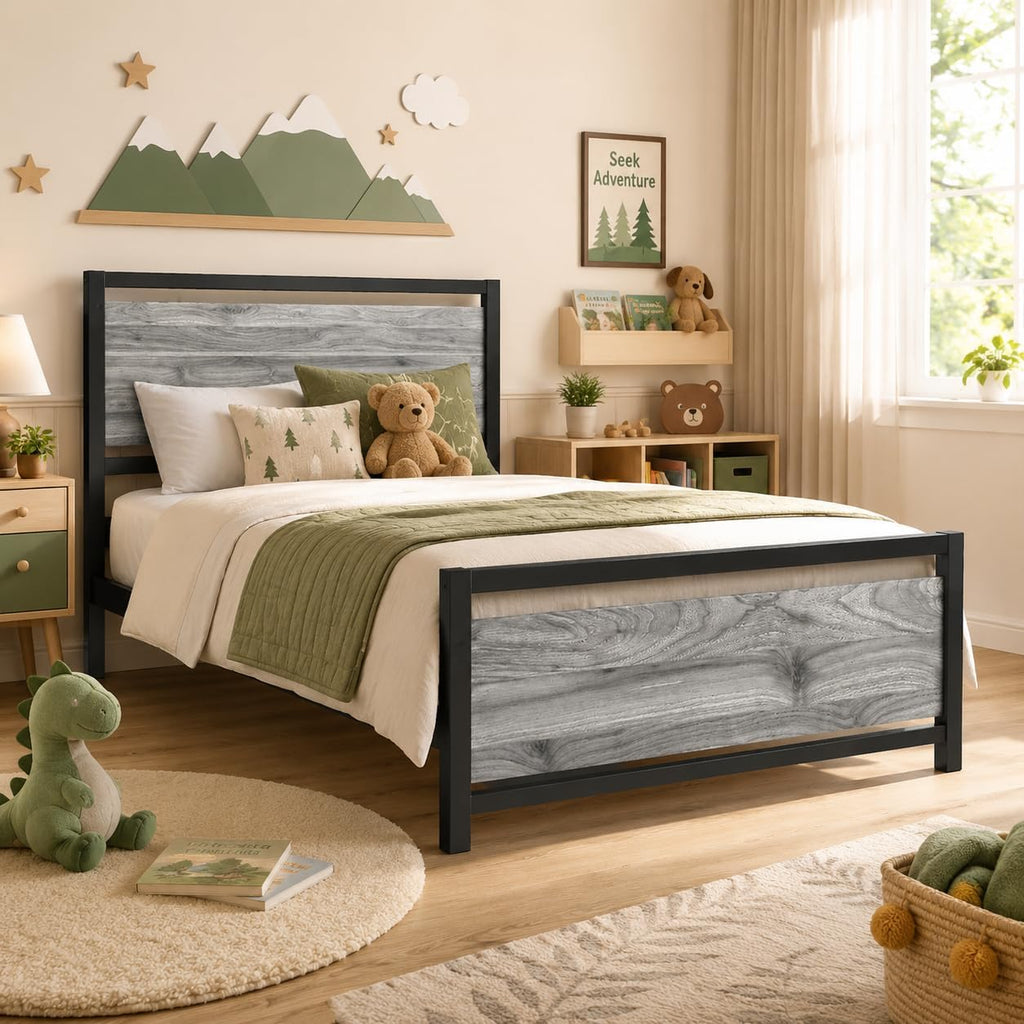 Twin Metal Bed Frame with Industrial Headboard T493